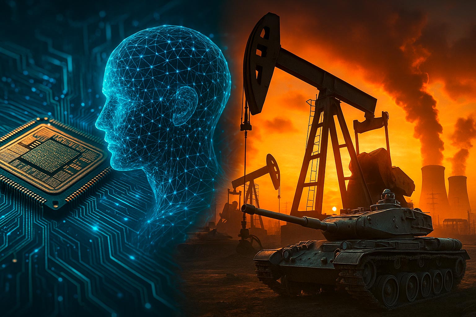 Das Bild zeigt eine Kollage: auf der einen Seite Stellvertreter der digitalen Deflation: Computerchips, KI etc. Auf der anderen: Reale Werte wie Energie und Rüstung